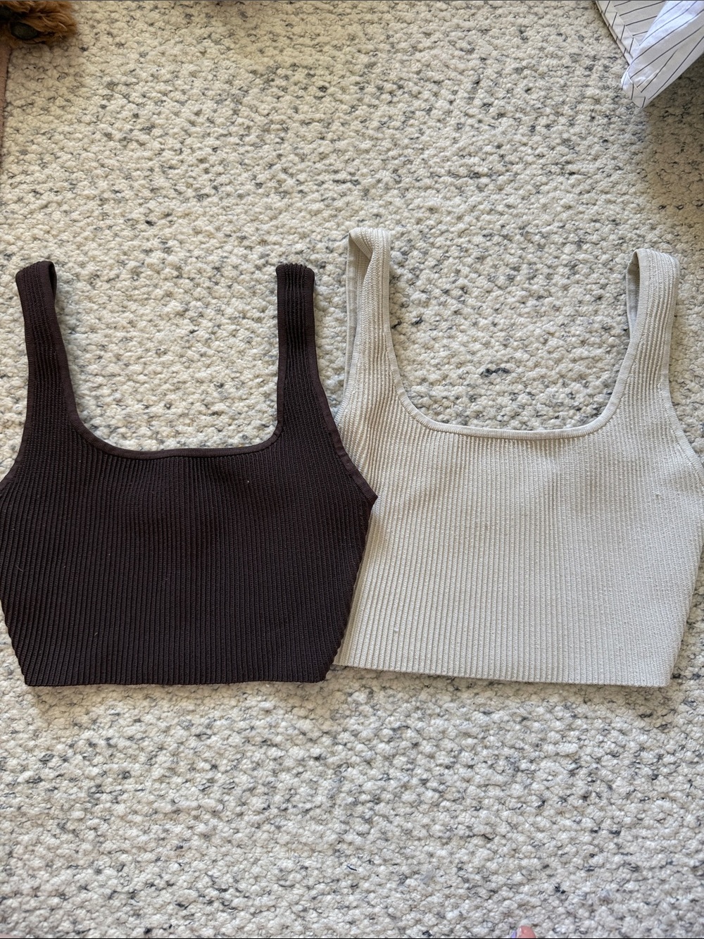 Babaton Ribbed Square-Neck Crop Tank — Chocolate Brown & Light Cream